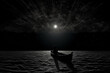 Travel, states of mind, psychology concept. Dark silhouette of man in boat swimming in sea during full moon at night. Abstract black and white illustration. Grunge and minimalist style