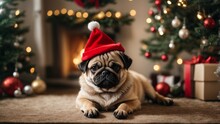 Cute Puppy Pug Wearing Santa Claus Red Hat Sits On The Floor Under The Christmas Tree. Happy New Year Decoration Around. New Year Card