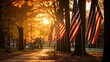 American flags sit in the autumn setting sun in a public park in a village in upstate New York.
