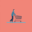 A basic outline of a person with a shopping cart. Flat clean cartoon 2D illustration style