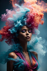  Portrait of high fashion model girl with beautiful hairstyle and make up in colorful bright smoke lights posing in studio