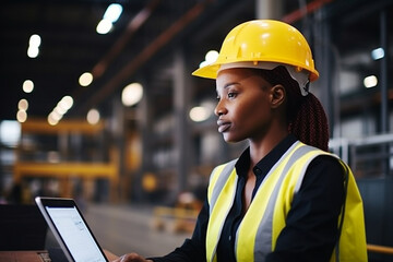 Wall Mural - Portrait of a Black Female Engineer in Hard Hat Standing and Using Laptop Computer at Electronic Manufacturing Factory, Technician Thinking About Daily Tasks and Working on Project Pipeline