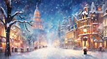 Snow-covered Streets With Illuminated Buildings, Horse Carriages, And A Dominant Cathedral. Winter City Landscape.