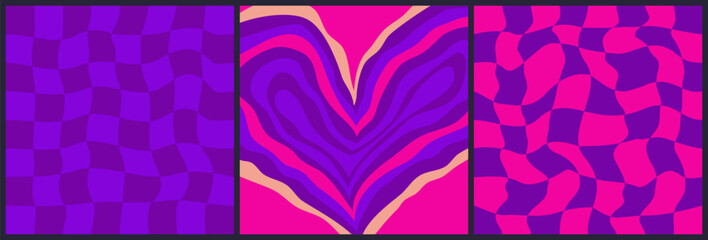 Wall Mural - Psychedelic Heart set background. Valentines heart with checkerboard pattern. Abstract design poster retro love. Vector illustration