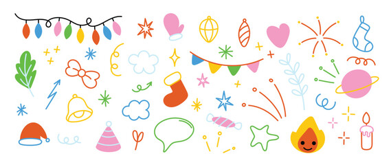 Wall Mural - Merry Christmas and winter season doodle element vector. Set of bauble ball, ribbon, sock, arrow, flag, saturn, candle, foliage, speech bubble. Happy holiday collection for kids, decorative.