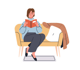 Wall Mural - Woman reading book, sitting on sofa. Girl reader relaxing at home, resting with literature. Female on cozy couch, leisure time in apartment. Flat vector illustration isolated on white background