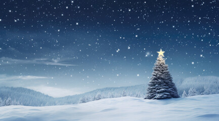 Wall Mural - christmas tree with star on snowy field at night