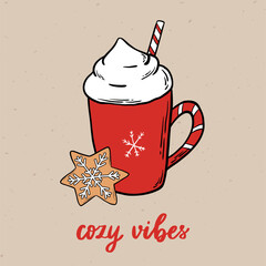 Wall Mural - christmas lettering quote 'cozy vibes' decorated with coffee mug and cookie for posters, cards, stickers, banners, signs, etc. EPS 10