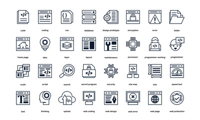 web and software development line icons set. Simple web development icons for software  coding  component.