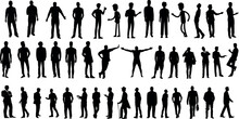 Silhouette People Vector Illustration Isolated On White Background. Various Poses Standing, Walking, Running, Jumping, Dancing, Sitting, Waving, Cheering, Stretching, Exercising. Men, Adults