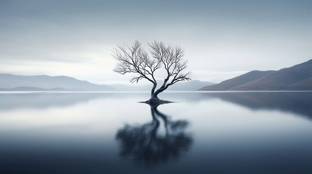 lonely tree in midst of bleak lake creates melancholic atmosphere evoking sense of isolation, decay 