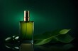green perfume bottle , leaves and minimal background