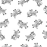 Fototapeta Konie - Zebras hand drawn seamless pattern. Cute cartoon Zebra on a white background.