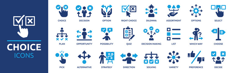 choice icon set. containing decision, option, selection, dilemma, select, preference, quiz, opportun