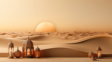 Beige monochrome banner with Ramadan lanterns on desert background