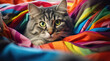 Cute young tabby cat lying on sofa and peeking out from under rainbow color rug, funny playful pet at home