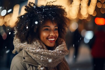 Wall Mural - Portrait of a beautiful pretty young stylish african woman enjoying a vacation evening time outdoors under the snowflakes at the christmas market during winter holidays