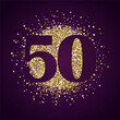 Creative number 50. Price label. 50th anniversary icon concept. Up to 50 percent off sale. Shiny golden design with glittering elements. Isolated sign. Gold texture. Holiday background. Top 50 idea.
