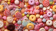 © mutom - Buntes Süßigkeitenmuster mit einer Mischung aus Lutschern und Bonbons, Zuckerstangen, perfekt für nahtlose Designs und Hintergründe