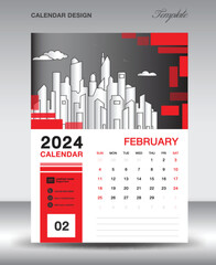 Calendar 2024 design template- February 2024 year layout, vertical calendar design, Desk calendar template, Wall calendar 2024 template, Planner, week starts on sunday, red vector