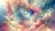 Abstract background with a dreamy celestial theme, featuring soft pastel colors and cosmic elements like stars and nebulae
