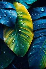 Aesthetic photograph of tropical leaves covered in water and water droplets