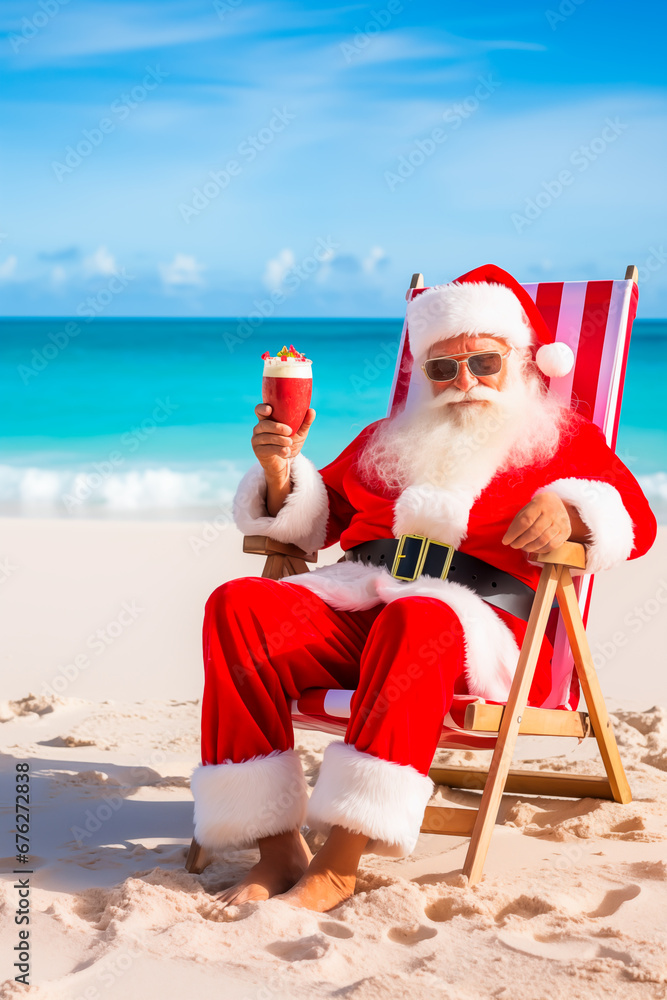 Santa Claus sitting in a beach chair on a tropical beach, holding a ...