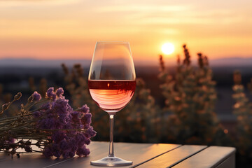 Wall Mural -  Capturing the serenity of Provence, a refreshing rosé wine stands tall against a backdrop of purple-hued lavender fields bathed in golden sunset light.