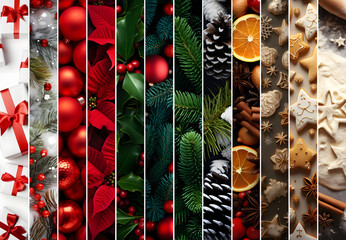 Wall Mural - Abstract background with seasonal and winter stripes with plant, leaf, ball, cone, spice, sweets and gifts texture in green, red, white, brown and beige colors. Horizontal composition.