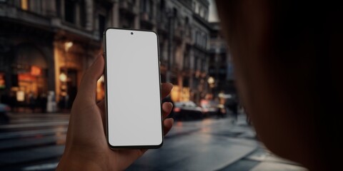 CU Caucasian female using her phone in the street, evening, blank screen mockup