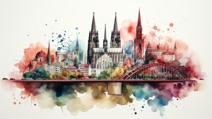 Wall Mural - An illustration of Cologne's old town in colorful watercolors, isolated on a white background
