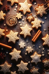 Wall Mural - Abstract background with Christmas raw dough star cookies, spices and white baubles on gray background. Vertical composition.