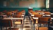 © crazyass - Empty classroom, vintage wooden interior with lecture chairs and desks