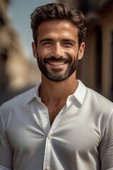 Wall Mural - Portrait of a handsome young man with a beard in a white shirt.