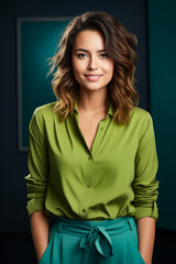 Woman with green shirt and green belt.