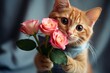 Cute domestic cat brought a flowers as a gift. Funny greeting card with animals