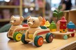 Wooden children's toys on the table. Wooden play set. Generated by artificial intelligence