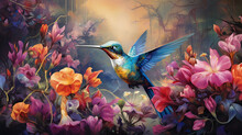 Enchanting Hummingbirds Exploring A Fantastical Garden Of Oversized, Vivid Flowers Ai Generative