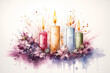 Watercolor style of four candles arranged as wreath to celebrate the advent
