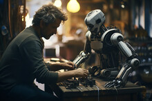In A Bustling Repair Shop, Technicians Exhibit Their Prowess, Mending And Enhancing Diverse Robot Models, 
Signifying The Evolution Of Maintenance In The Robotic Era.