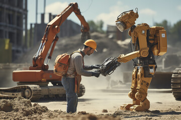 Wall Mural - A dynamic construction site, where robots and humans synchronize efforts, 
lifting weights and orchestrating tasks, highlighting the power of collaborative synergy.