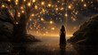 Girl, woman standing alone looking at a tree covered in mysterious fairy lights. Magical scene ethereal and calming