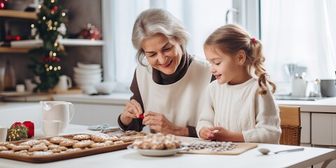 Happy family cooking together, Granddaughter child making Christmas homemade cookies together with elderly grandmother in kitchen