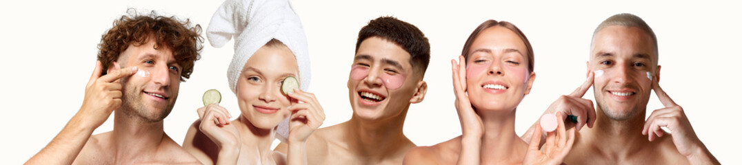 Young people, men and women of different age and skin types taking care after face, using beauty products for moisturizing and nutrition. Concept of skincare, natural beauty, cosmetology, cosmetics