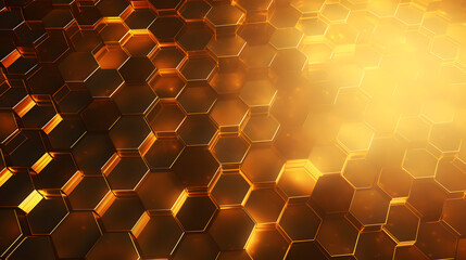 Wall Mural - Abstract futuristic luxurious digital geometric technology hexagon background banner illustration 3d - Glowing gold marble texture. Generative Ai.