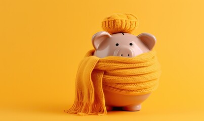 A piggy bank money box wrapped up warm with a scarf on yellow background. Winter season heating bills, Heat saving, heating prices. Thermal insulation of building or dwelling, copy space for text