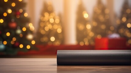 Close up of yoga mat with home festive decorated fairy bokeh lights, for Christmas, New Year. Healthy lifestyle, weight loss, New Year's resolution, Blurred de-focused garland lights, gold bokeh