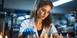Female Lab Technician Carefully Pipetting Chemical Substance
