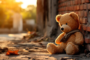 Lonely doll bear sitting on the street. Concept for loneliness or sorrow.