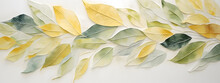 Painting Of Leaves In Watercolor,Autumn Leaves In Shades Of Yellow, Green Background Close Up Of A Bunch Of Flowers